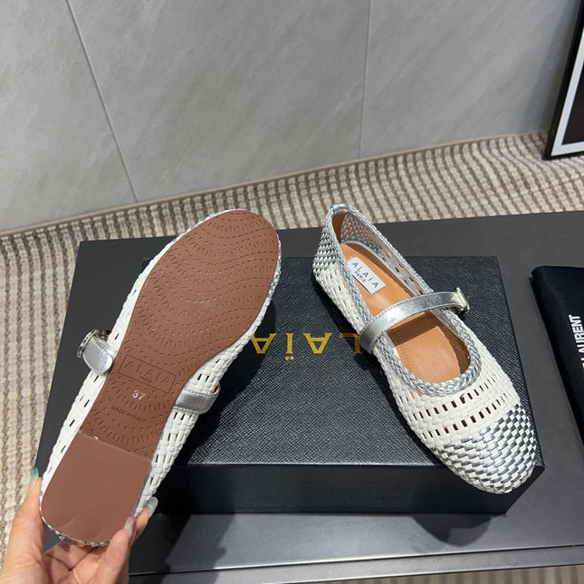 ALAIA MARY JANE FLATS WOVEN PATTERN 25S IN WHITE MIX GREY CALFSKIN