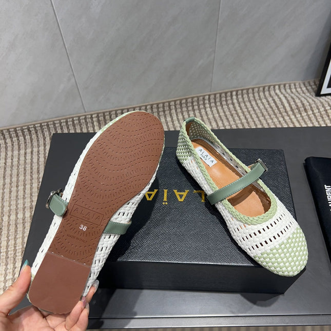 ALAIA MARY JANE FLATS WOVEN PATTERN 25S IN WHITE MIX PASTEL GREEN CALFSKIN