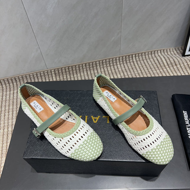 ALAIA MARY JANE FLATS WOVEN PATTERN 25S IN WHITE MIX PASTEL GREEN CALFSKIN