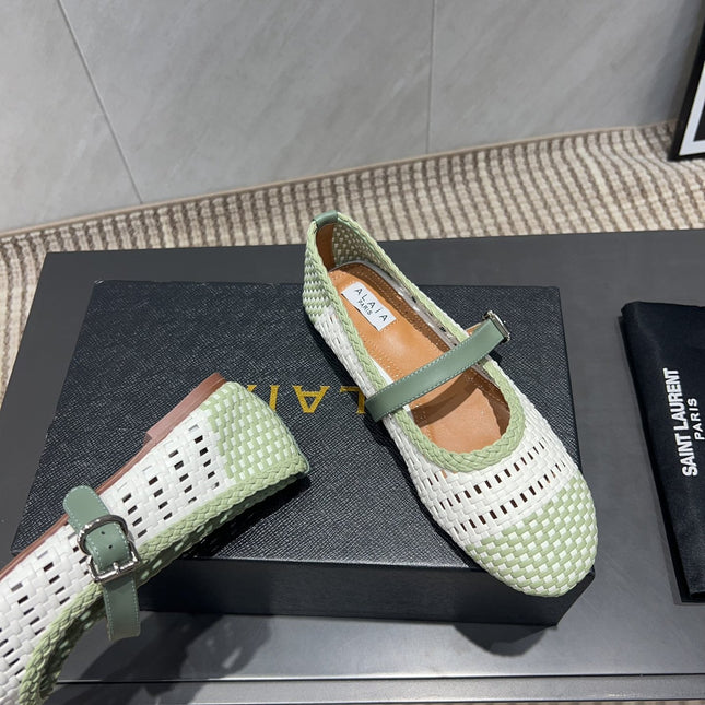ALAIA MARY JANE FLATS WOVEN PATTERN 25S IN WHITE MIX PASTEL GREEN CALFSKIN