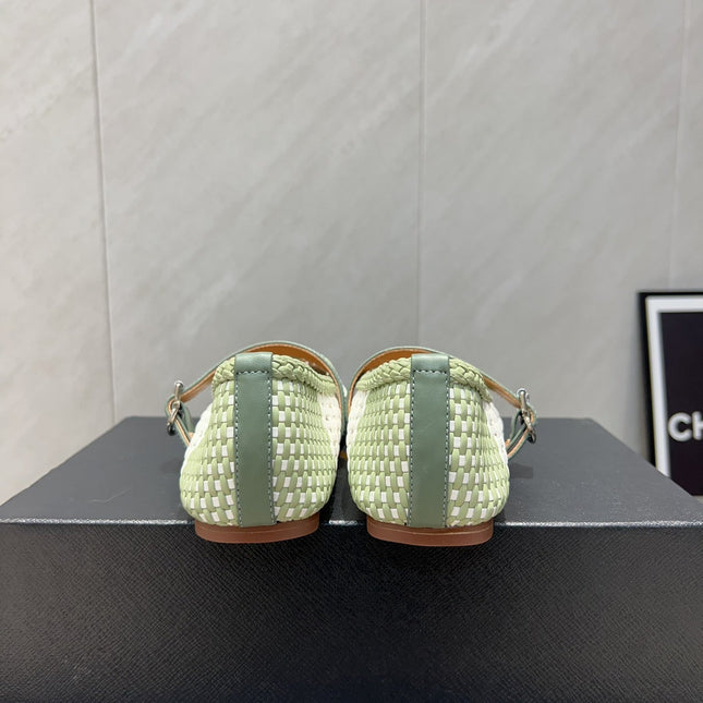 ALAIA MARY JANE FLATS WOVEN PATTERN 25S IN WHITE MIX PASTEL GREEN CALFSKIN