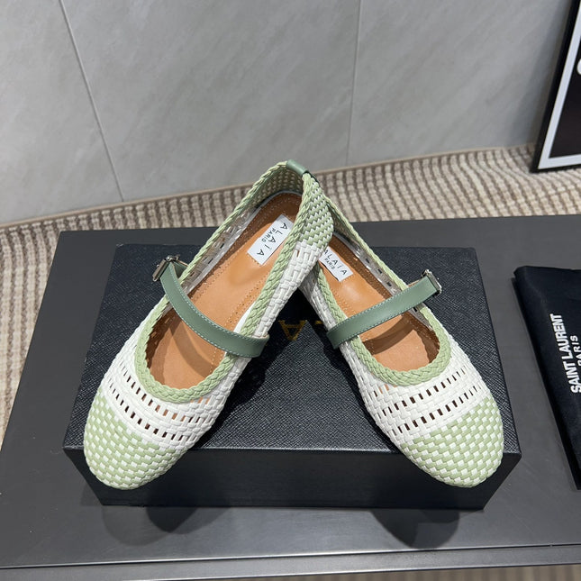 ALAIA MARY JANE FLATS WOVEN PATTERN 25S IN WHITE MIX PASTEL GREEN CALFSKIN