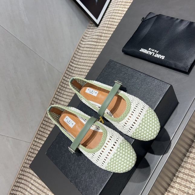 ALAIA MARY JANE FLATS WOVEN PATTERN 25S IN WHITE MIX PASTEL GREEN CALFSKIN