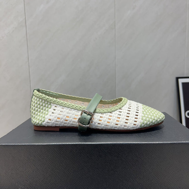 ALAIA MARY JANE FLATS WOVEN PATTERN 25S IN WHITE MIX PASTEL GREEN CALFSKIN