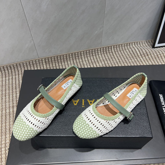ALAIA MARY JANE FLATS WOVEN PATTERN 25S IN WHITE MIX PASTEL GREEN CALFSKIN
