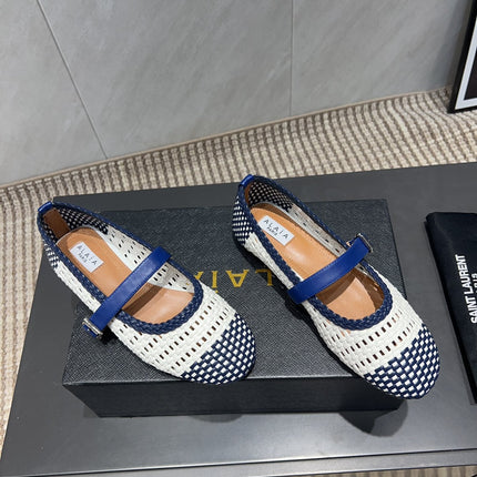 ALAIA MARY JANE FLATS WOVEN PATTERN 25S IN WHITE MIX NAVY BLUE CALFSKIN