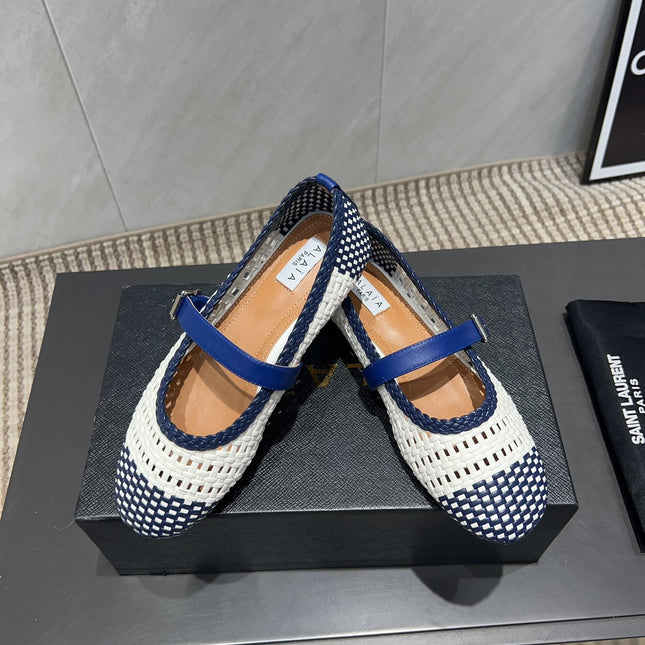 ALAIA MARY JANE FLATS WOVEN PATTERN 25S IN WHITE MIX NAVY BLUE CALFSKIN