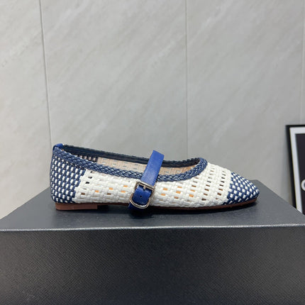 ALAIA MARY JANE FLATS WOVEN PATTERN 25S IN WHITE MIX NAVY BLUE CALFSKIN