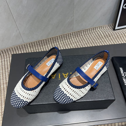 ALAIA MARY JANE FLATS WOVEN PATTERN 25S IN WHITE MIX NAVY BLUE CALFSKIN