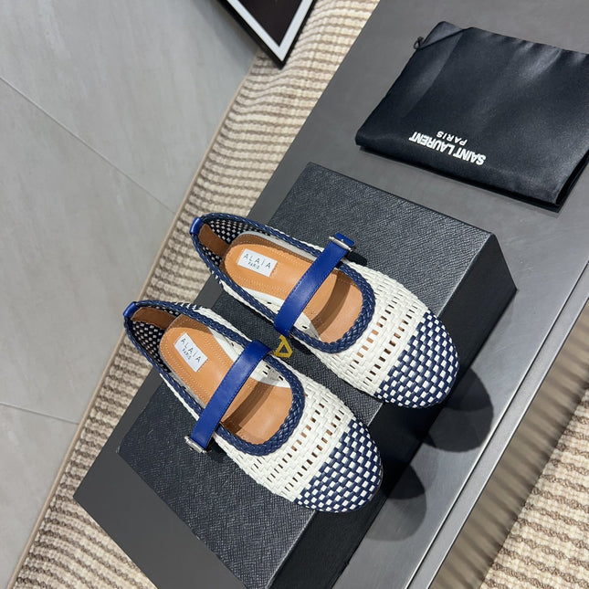 ALAIA MARY JANE FLATS WOVEN PATTERN 25S IN WHITE MIX NAVY BLUE CALFSKIN