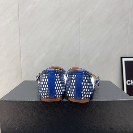 ALAIA MARY JANE FLATS WOVEN PATTERN 25S IN WHITE MIX NAVY BLUE CALFSKIN