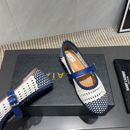 ALAIA MARY JANE FLATS WOVEN PATTERN 25S IN WHITE MIX NAVY BLUE CALFSKIN