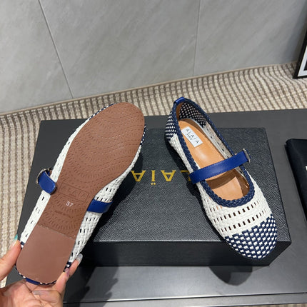 ALAIA MARY JANE FLATS WOVEN PATTERN 25S IN WHITE MIX NAVY BLUE CALFSKIN