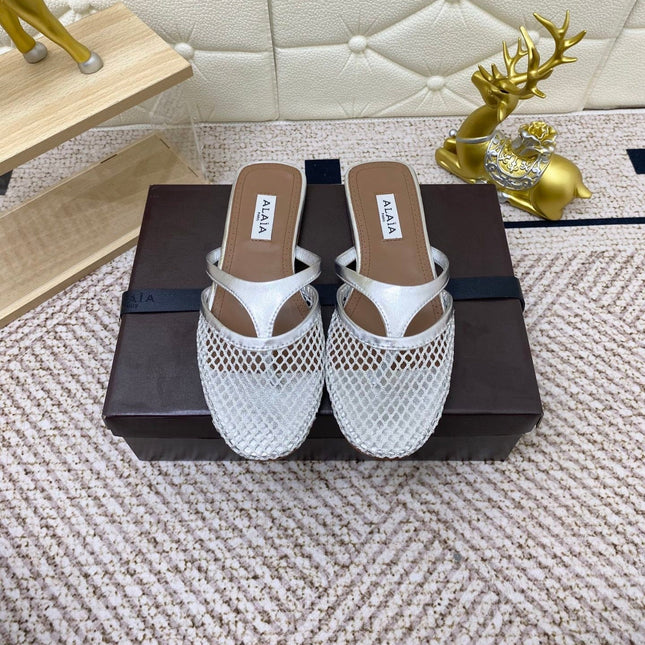 ALAIA BREATHABLE FLAT-TOE MULES 25S IN SILVER CALFSKIN