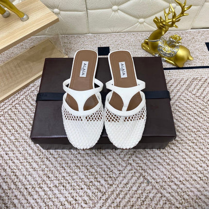 ALAIA BREATHABLE FLAT-TOE MULES 25S IN WHITE CALFSKIN