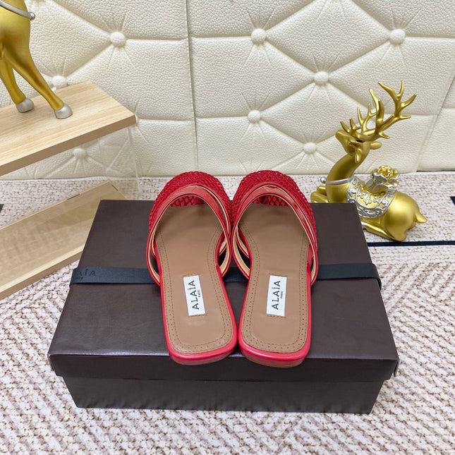 ALAIA BREATHABLE FLAT-TOE MULES 25S IN RED CALFSKIN