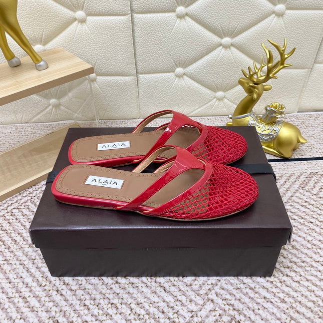 ALAIA BREATHABLE FLAT-TOE MULES 25S IN RED CALFSKIN