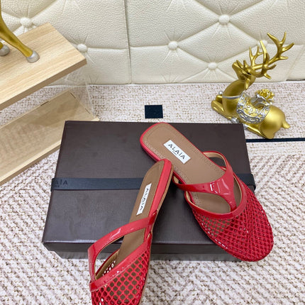 ALAIA BREATHABLE FLAT-TOE MULES 25S IN RED CALFSKIN
