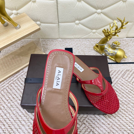 ALAIA BREATHABLE FLAT-TOE MULES 25S IN RED CALFSKIN