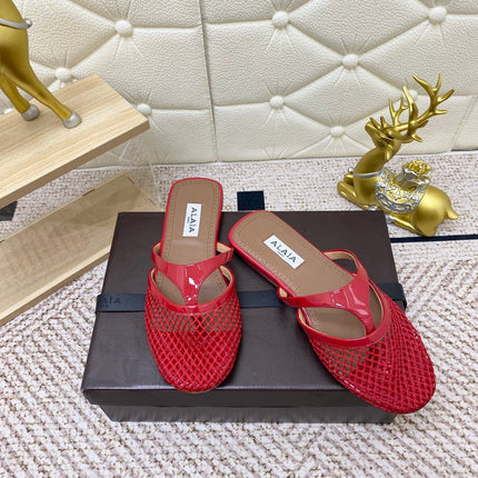 ALAIA BREATHABLE FLAT-TOE MULES 25S IN RED CALFSKIN