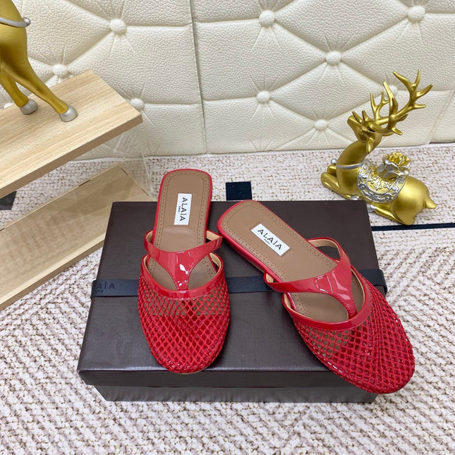 ALAIA BREATHABLE FLAT-TOE MULES 25S IN RED CALFSKIN