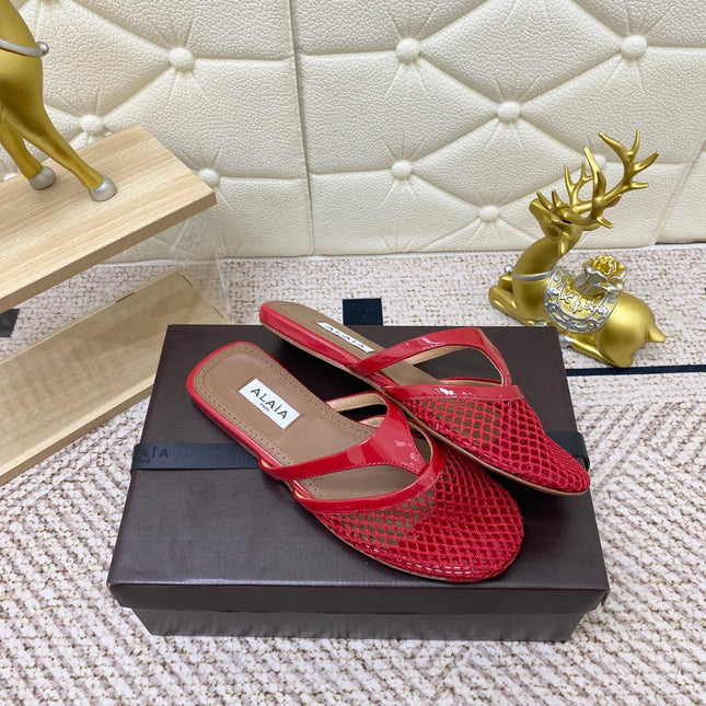 ALAIA BREATHABLE FLAT-TOE MULES 25S IN RED CALFSKIN