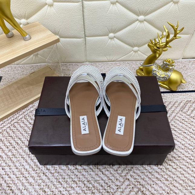 ALAIA BREATHABLE FLAT-TOE MULES 25S IN SILVER CALFSKIN