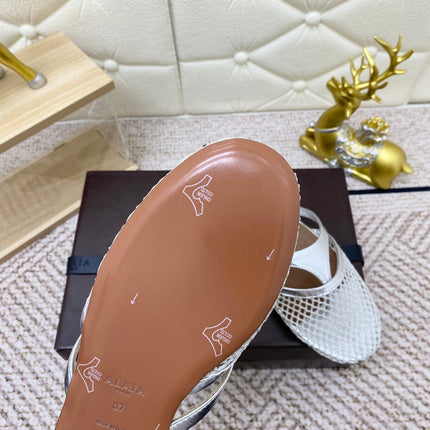 ALAIA BREATHABLE FLAT-TOE MULES 25S IN SILVER CALFSKIN