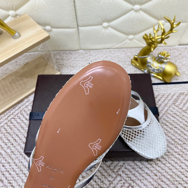 ALAIA BREATHABLE FLAT-TOE MULES 25S IN SILVER CALFSKIN