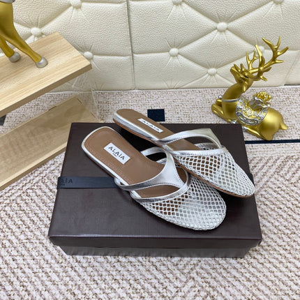 ALAIA BREATHABLE FLAT-TOE MULES 25S IN SILVER CALFSKIN