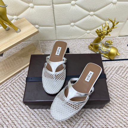 ALAIA BREATHABLE FLAT-TOE MULES 25S IN SILVER CALFSKIN