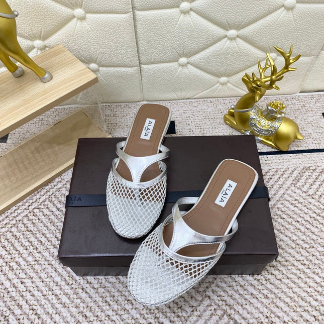 ALAIA BREATHABLE FLAT-TOE MULES 25S IN SILVER CALFSKIN