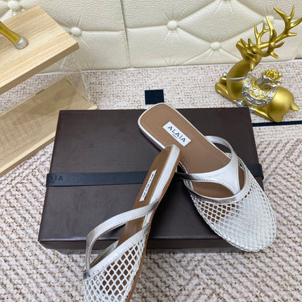 ALAIA BREATHABLE FLAT-TOE MULES 25S IN SILVER CALFSKIN