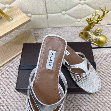ALAIA BREATHABLE FLAT-TOE MULES 25S IN SILVER CALFSKIN