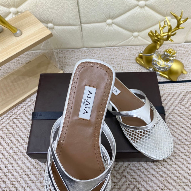 ALAIA BREATHABLE FLAT-TOE MULES 25S IN SILVER CALFSKIN