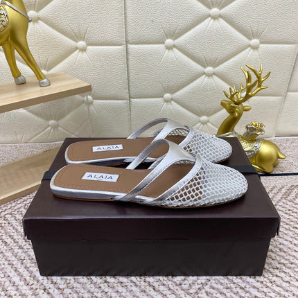 ALAIA BREATHABLE FLAT-TOE MULES 25S IN SILVER CALFSKIN