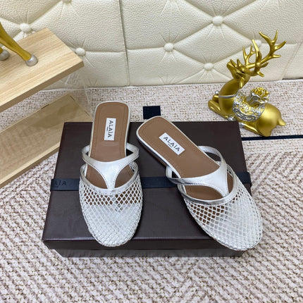 ALAIA BREATHABLE FLAT-TOE MULES 25S IN SILVER CALFSKIN