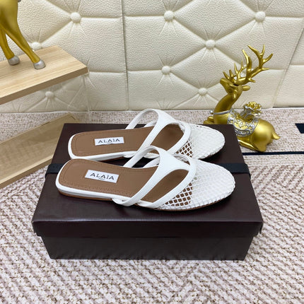 ALAIA BREATHABLE FLAT-TOE MULES 25S IN WHITE CALFSKIN