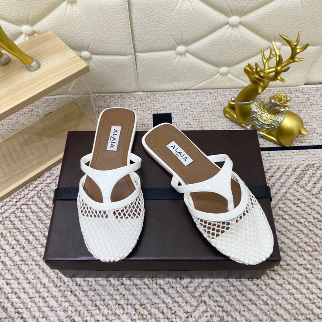 ALAIA BREATHABLE FLAT-TOE MULES 25S IN WHITE CALFSKIN