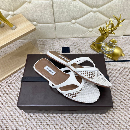 ALAIA BREATHABLE FLAT-TOE MULES 25S IN WHITE CALFSKIN
