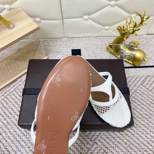 ALAIA BREATHABLE FLAT-TOE MULES 25S IN WHITE CALFSKIN