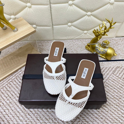 ALAIA BREATHABLE FLAT-TOE MULES 25S IN WHITE CALFSKIN