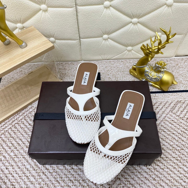 ALAIA BREATHABLE FLAT-TOE MULES 25S IN WHITE CALFSKIN