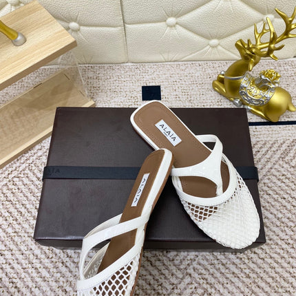 ALAIA BREATHABLE FLAT-TOE MULES 25S IN WHITE CALFSKIN