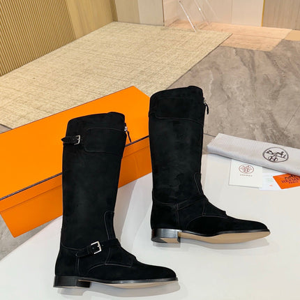 HM 25S RIDING BOOTS IN BLACK SUEDE WITH SILVER HARDWARE
