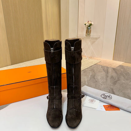 HM 25S RIDING BOOTS IN DARK COFFEE BROWN SUEDE WITH SILVER HARDWARE