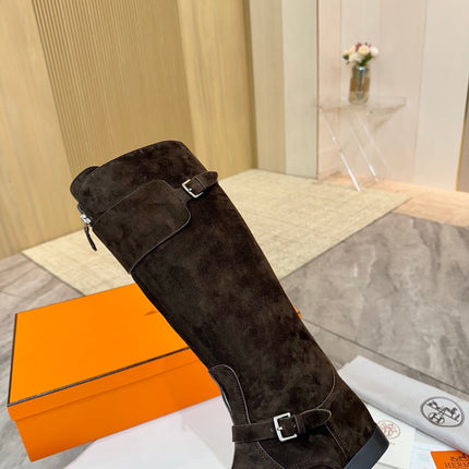 HM 25S RIDING BOOTS IN DARK COFFEE BROWN SUEDE WITH SILVER HARDWARE