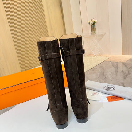 HM 25S RIDING BOOTS IN DARK COFFEE BROWN SUEDE WITH SILVER HARDWARE