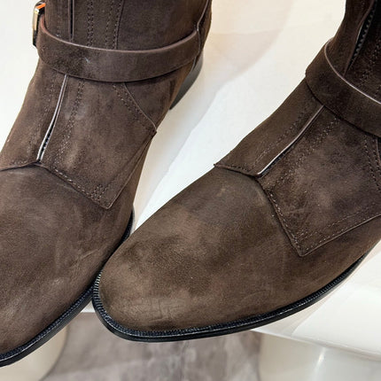 HM 25S RIDING BOOTS IN DARK COFFEE BROWN SUEDE WITH SILVER HARDWARE