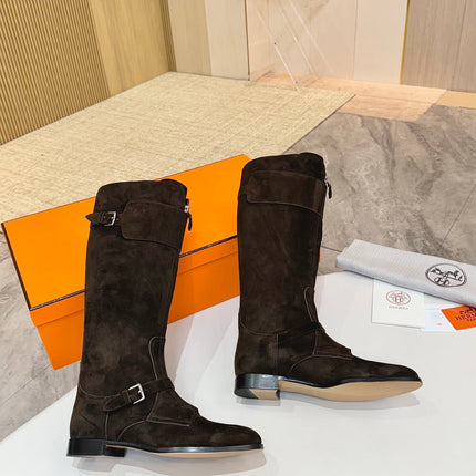 HM 25S RIDING BOOTS IN DARK COFFEE BROWN SUEDE WITH SILVER HARDWARE